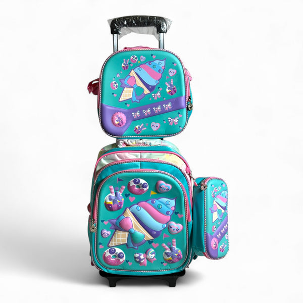 17 Inch Ice Cream 3 Piece Set School Bag with Trolley for Grade 1 Till Grade 3 Girls