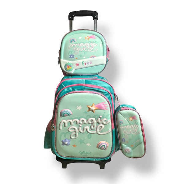 17 Inch 3D Magical 3 Piece Set School Bag with Trolly for Grade 1 Till Grade 3 Girls