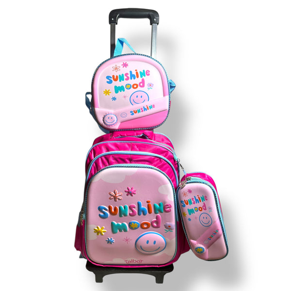 17 Inch 3D Sunshine Mood 3 Piece Set School Bag with Trolly for Grade 1 Till Grade 3 Girls