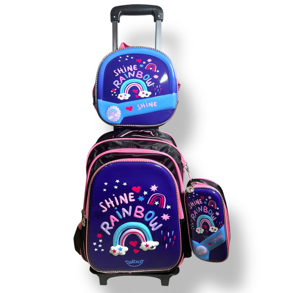17 Inch 3D rainbow 3 Piece Set School Bag with Trolly for Grade 1 Till Grade 3 Girls