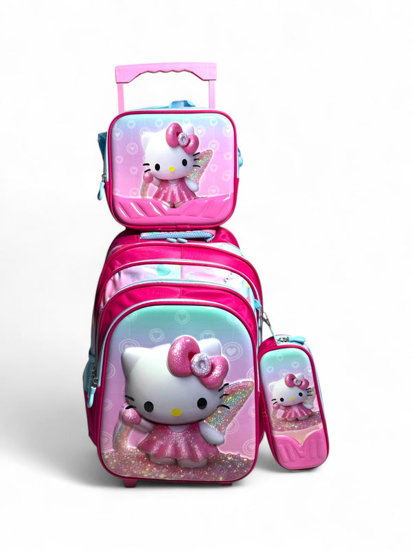 18 Inch 3D Hello Kitty 3 Piece Set School Bag with Trolley for Grade 1 Till Grade 5 Girls