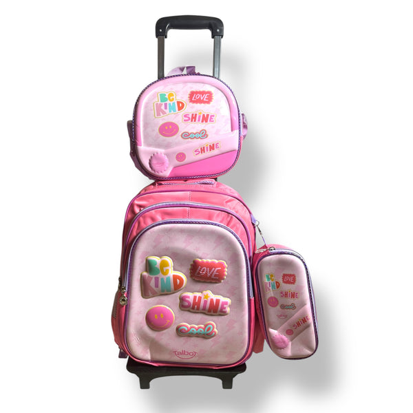 17 Inch 3D Shine 3 Piece Set School Bag with Trolly for Grade 1 Till Grade 3 Girls