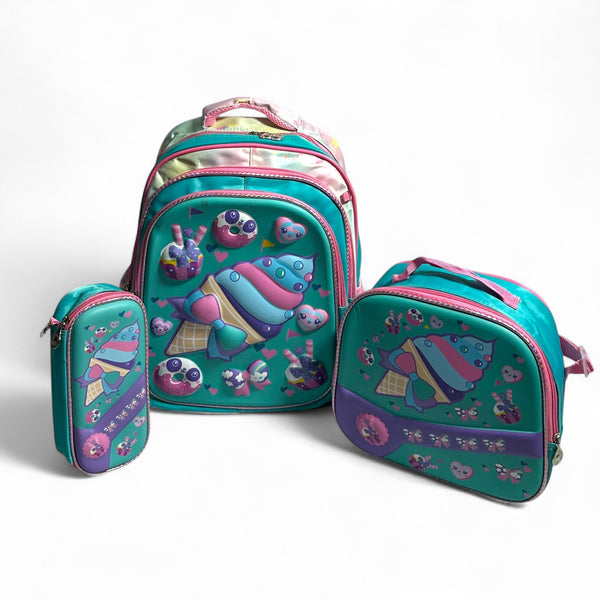 17 Inch Ice Cream 3 Piece School Bag For Grade 1 Till Grade 3 Girls