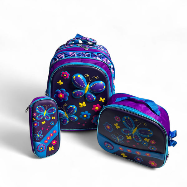 17 Inch Butterfly 3 Piece School Bag For Grade 1 Till Grade 3 Girls