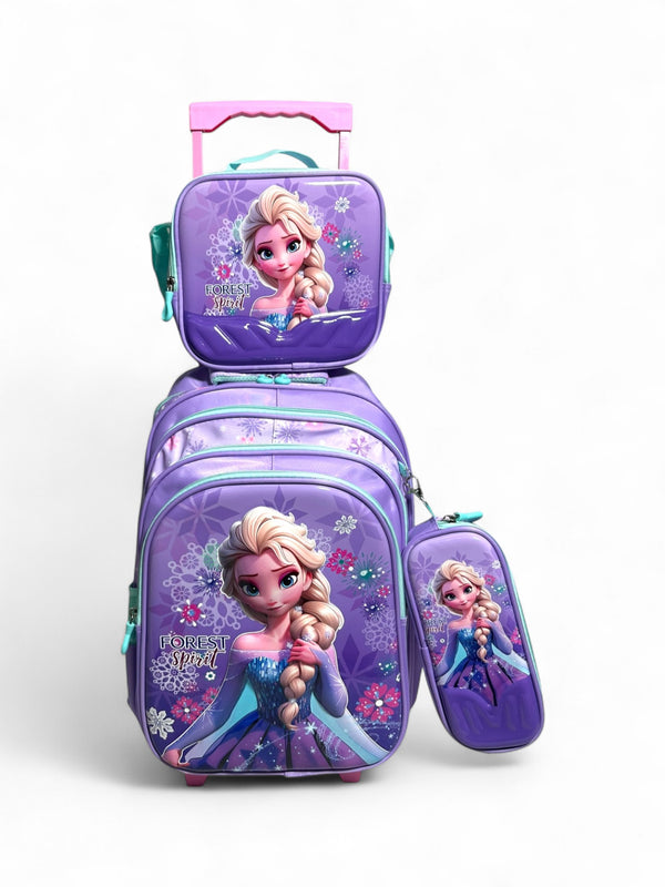 18 Inch 3D Frozen 3 Piece Set School Bag with Trolley for Grade 1 Till Grade 5 Girls