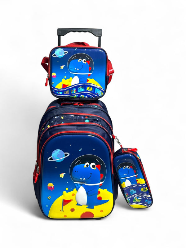 18 Inch 3D Dino 3 Piece Set School Bag with Trolley for Grade 1 Till Grade 5 Boys
