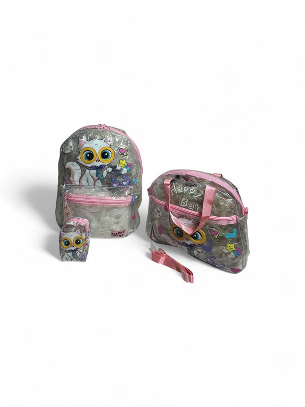 16 Inch 3 Piece Kitty Transparent Backpack For Girls