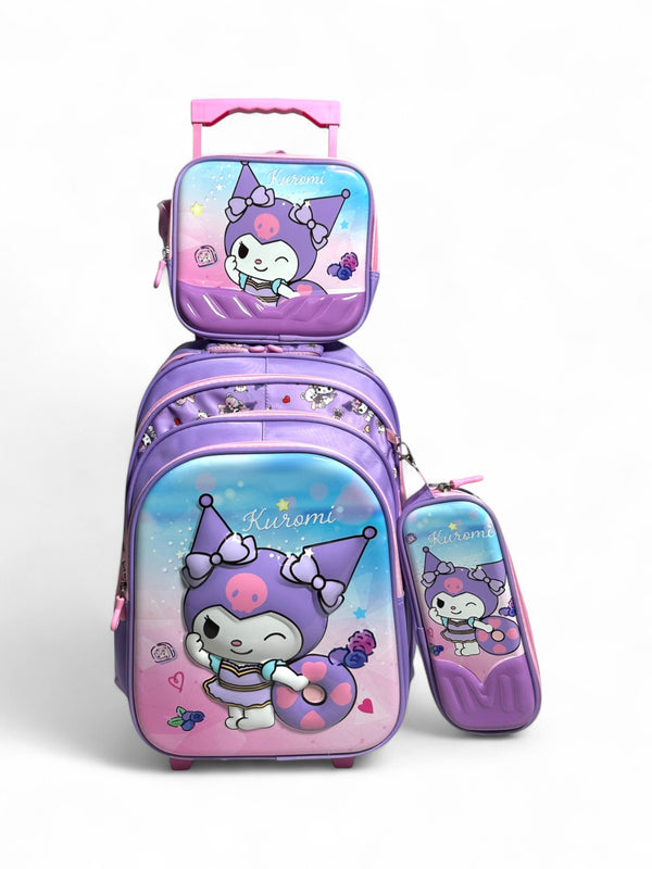 18 Inch 3D Kuromi 3 Piece Set School Bag with Trolley for Grade 1 Till Grade 5 Girls