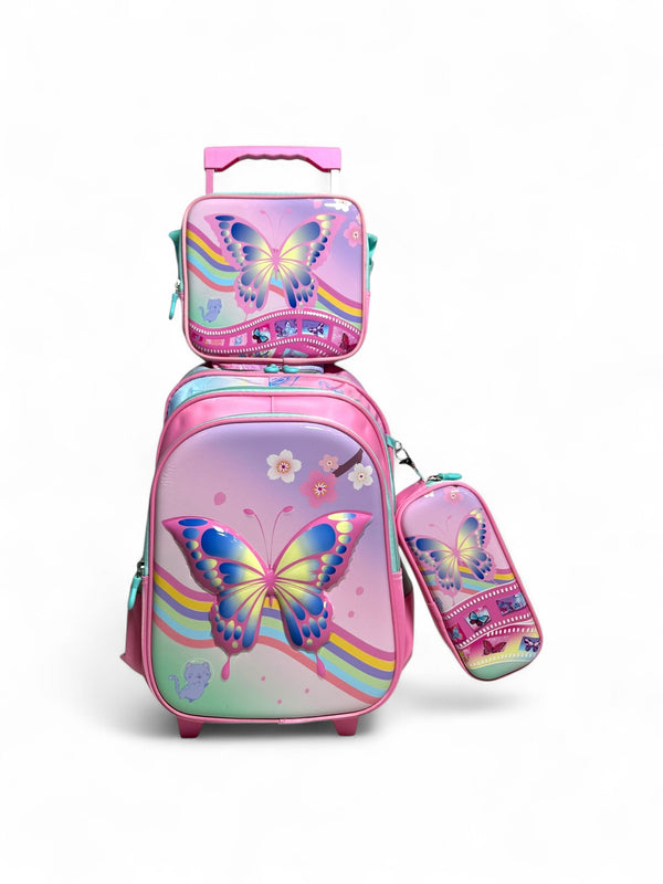 16 Inch 3D Butterfly 3 Piece Trolley Bag for Grade 1 Till 3 Girls