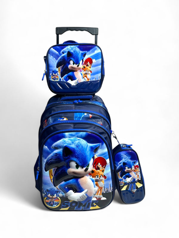 18 Inch 3D Sonic 3 Piece Set School Bag with Trolley for Grade 1 Till Grade 5 Boys