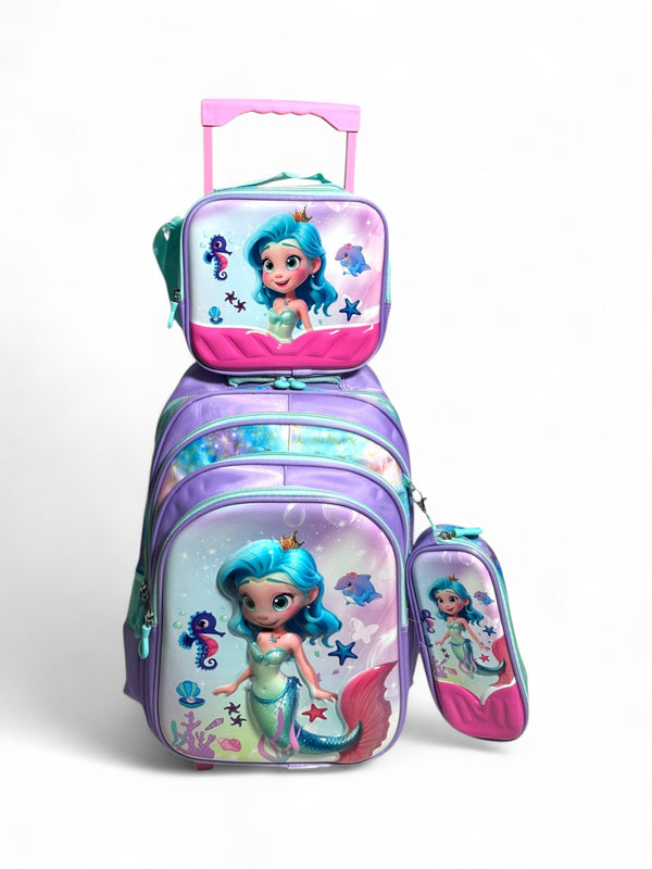 18 Inch 3D Mermaid 3 Piece Set School Bag with Trolley for Grade 1 Till Grade 5 Girls
