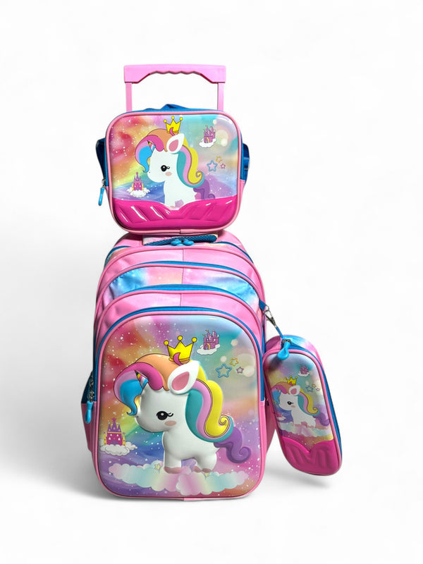 18 Inch 3D Unicorn 3 Piece Set School Bag with Trolley for Grade 1 Till Grade 5 Girls