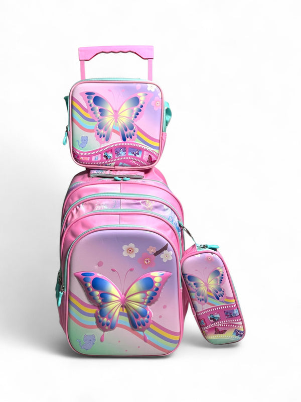 18 Inch 3D Butterfly 3 Piece Set School Bag with Trolley for Grade 1 Till Grade 5 Girls
